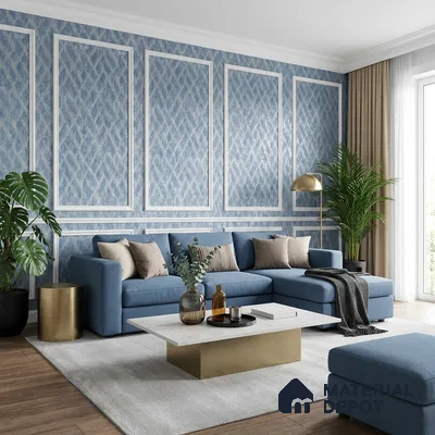 Modern living room with blue patterned wallpaper, blue fabric sofa, and wooden flooring