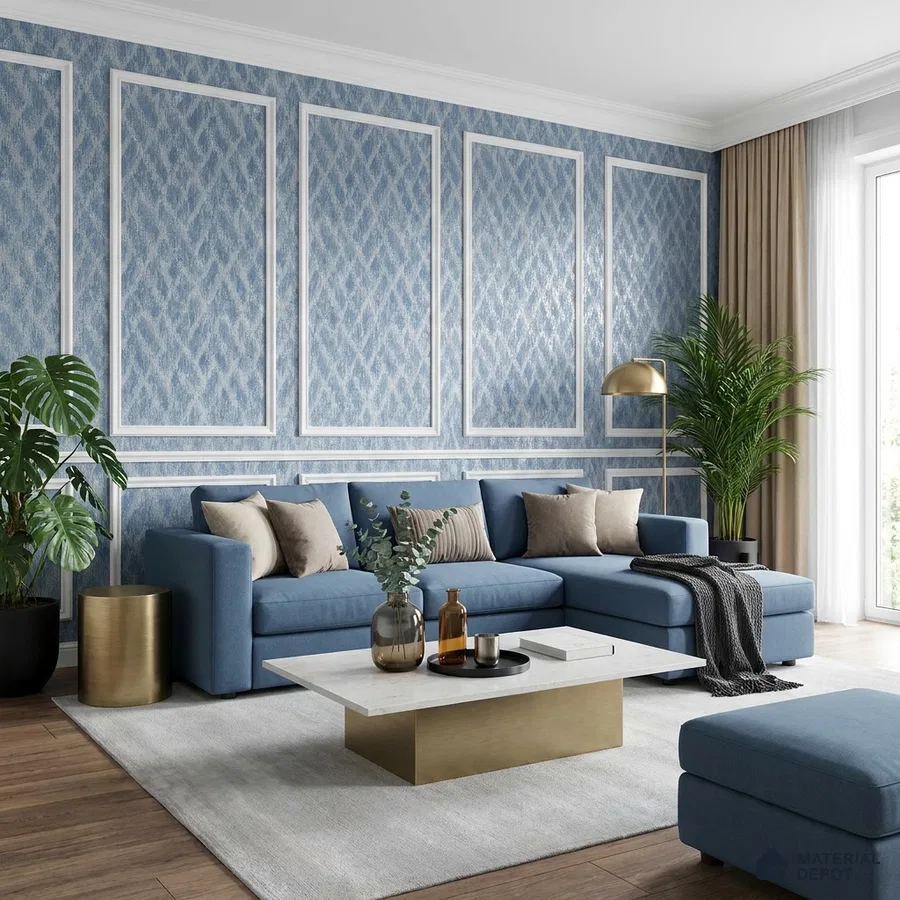 Modern living room with blue patterned wallpaper, blue fabric sofa, and wooden flooring
