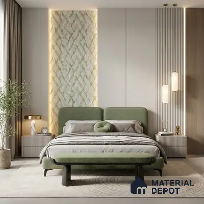 Japandi bedroom with sage green suede upholstered bed, fluted wall panels, and textured accent wallpaper
