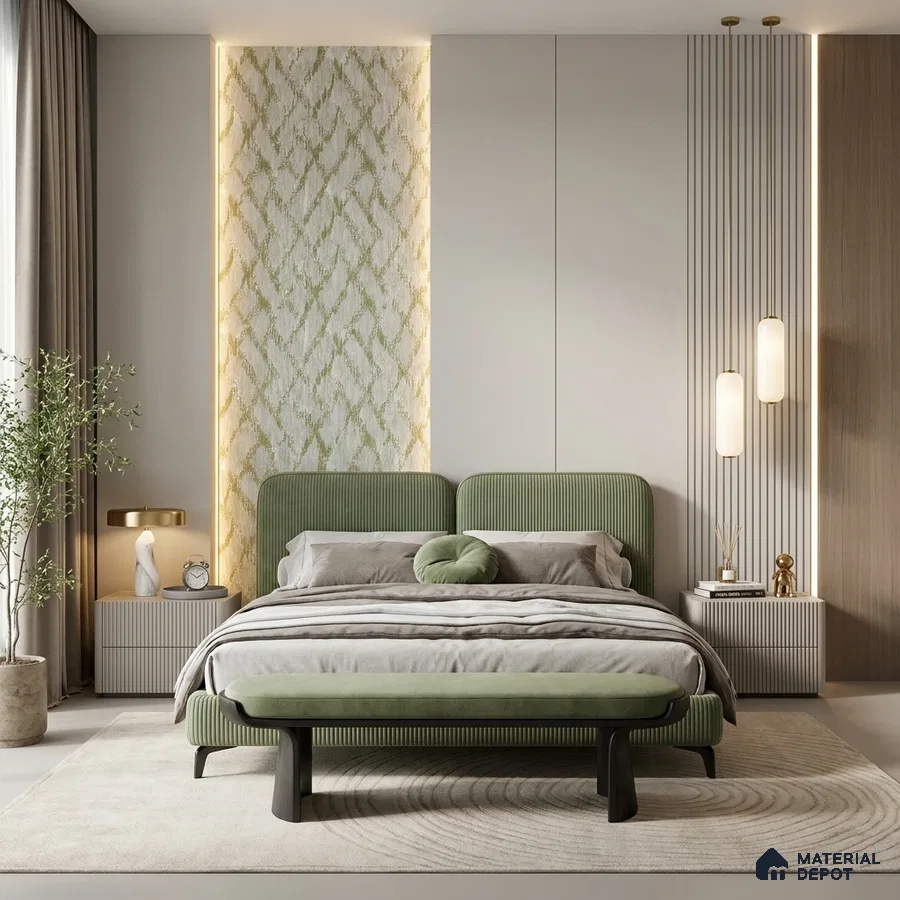 Japandi bedroom with sage green suede upholstered bed, fluted wall panels, and textured accent wallpaper