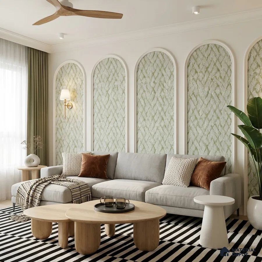 Scandinavian living room with patterned green wallpaper, light wood coffee table, and striped rug