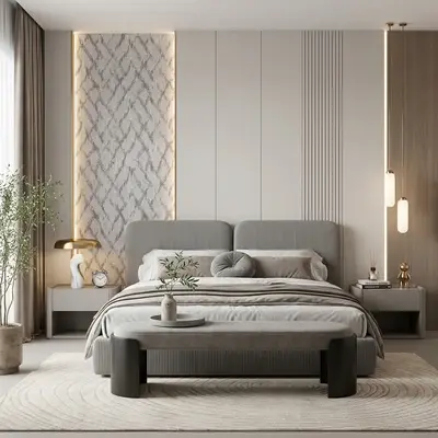 Minimalist bedroom with suede upholstered bed, fluted wall panels, and textured wallpaper accent