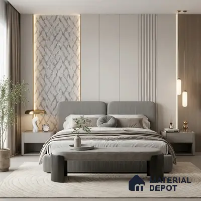 Minimalist bedroom with suede upholstered bed, fluted wall panels, and textured wallpaper accent