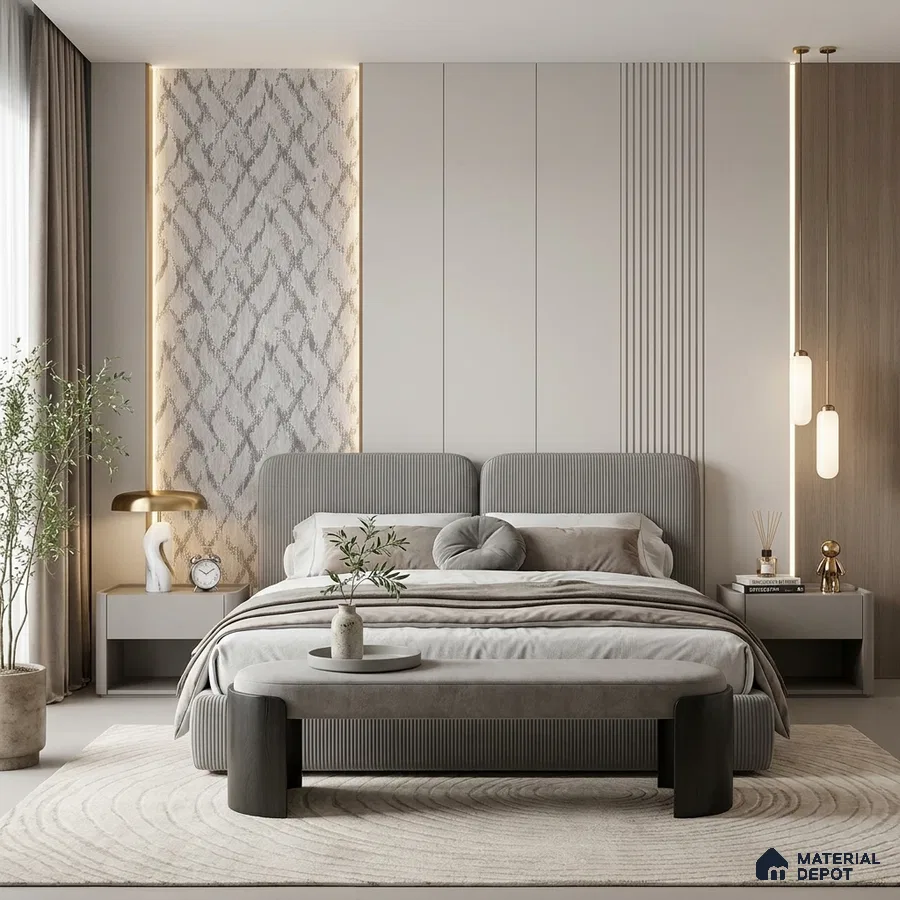 Minimalist bedroom with suede upholstered bed, fluted wall panels, and textured wallpaper accent
