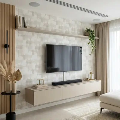 Scandinavian living room with beige solid laminate TV unit, textured wallpaper, and light wood fluted panels