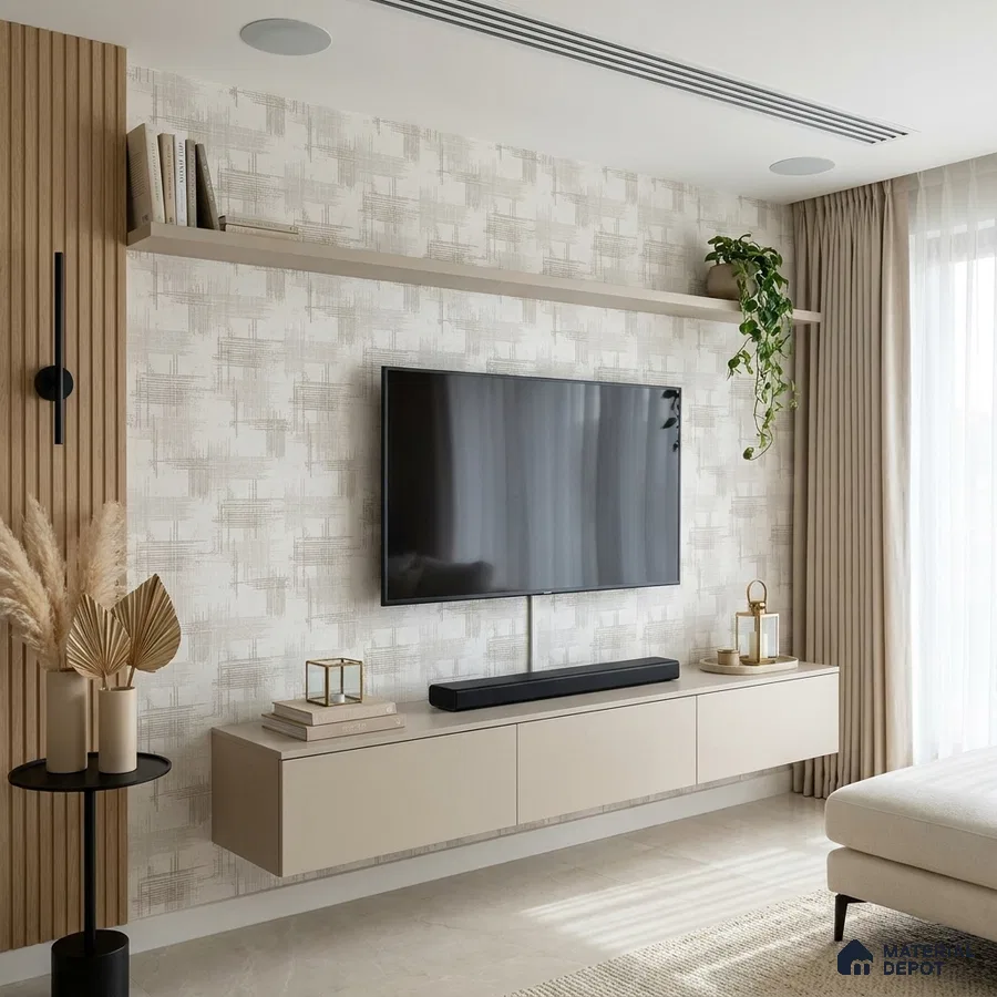 Scandinavian living room with beige solid laminate TV unit, textured wallpaper, and light wood fluted panels