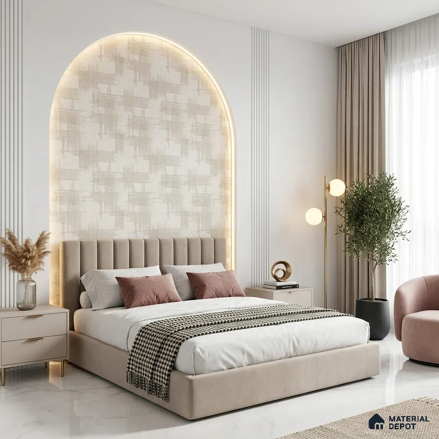 Minimalist bedroom with suede upholstered bed, textured wallpaper accent, and marble floor tile