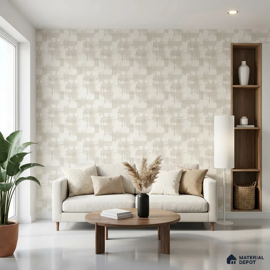 Scandinavian living room with beige patterned wallpaper and natural wood accents