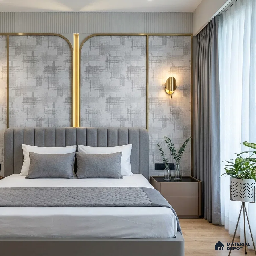 Modern bedroom with grey suede upholstered bed, textured wallpaper, and gold accent profiles