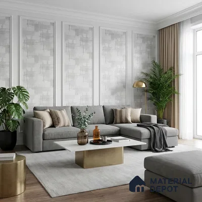 Modern living room with textured grey wallpaper, grey sectional sofa, and marble-top coffee table