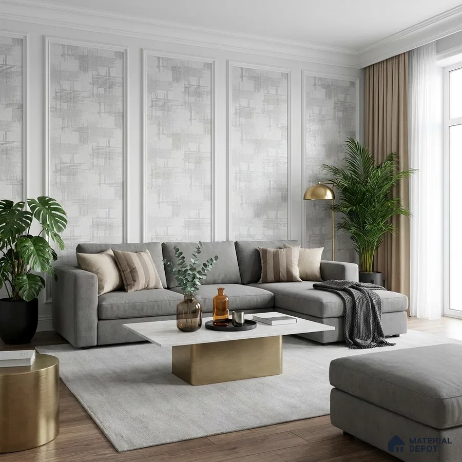 Modern living room with textured grey wallpaper, grey sectional sofa, and marble-top coffee table