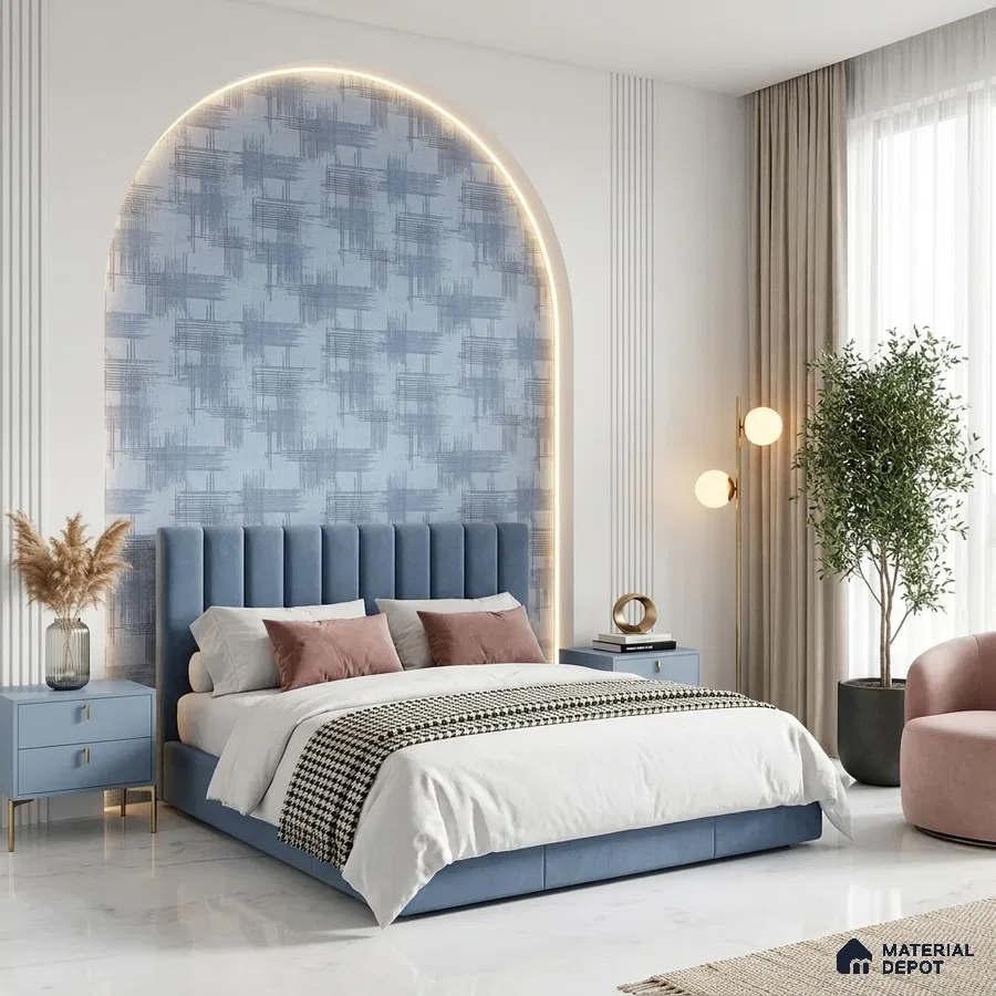 Modern bedroom with blue suede upholstered bed, abstract blue wallpaper, and white marble floor tile
