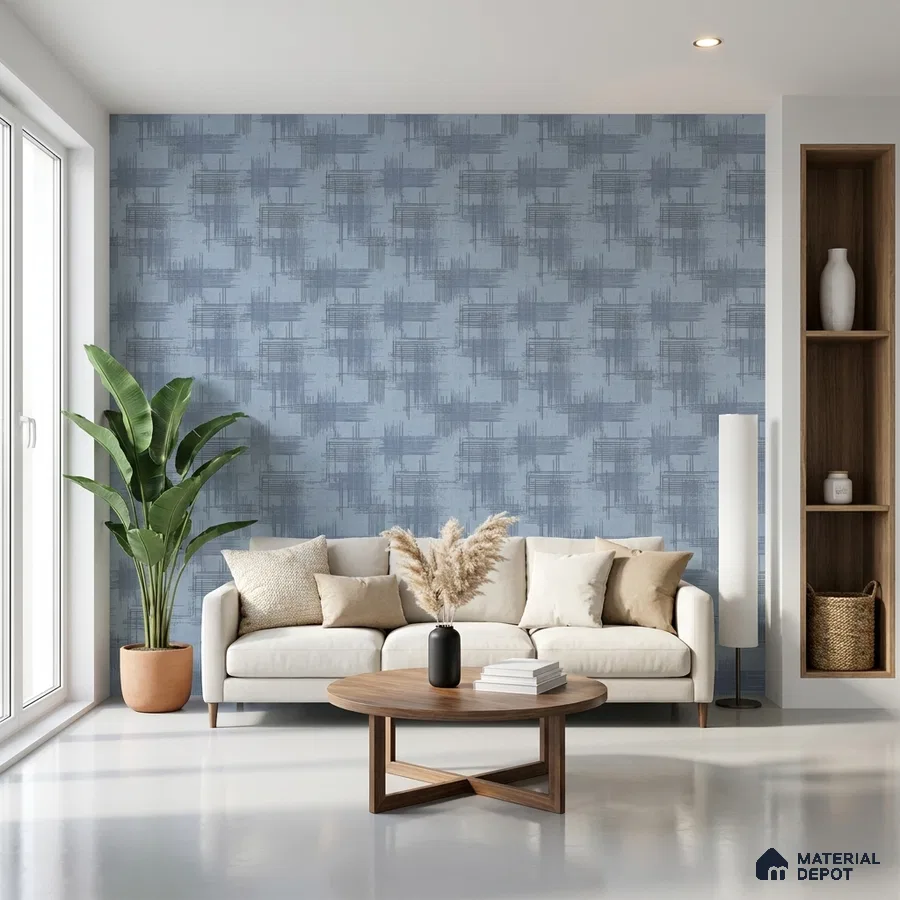 Scandinavian living room with blue geometric wallpaper and natural wood coffee table