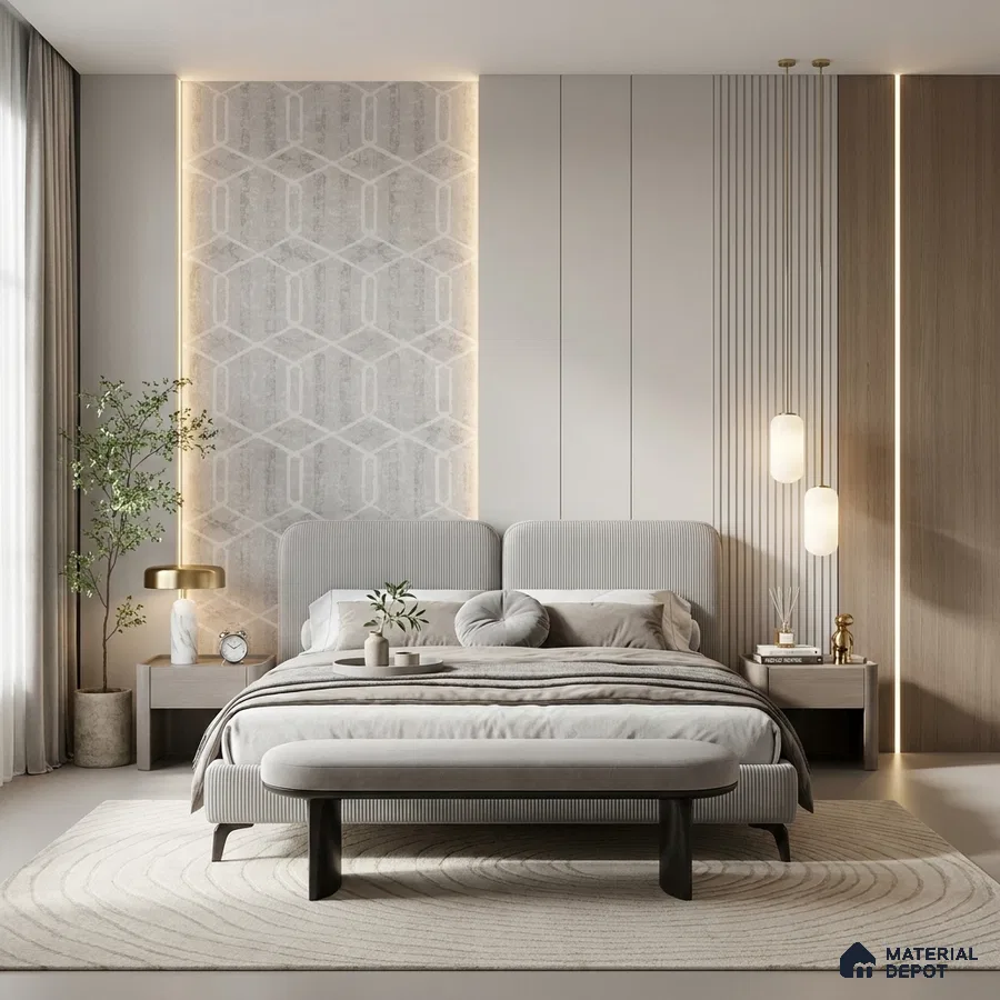 Minimalist bedroom with light wood panels, geometric accent wall, and neutral fabric upholstery
