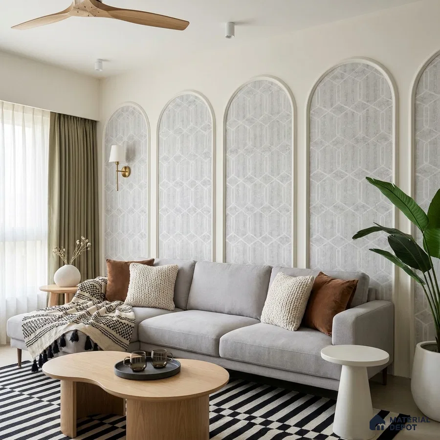 Scandinavian living room with geometric wallpaper panels and light oak coffee table