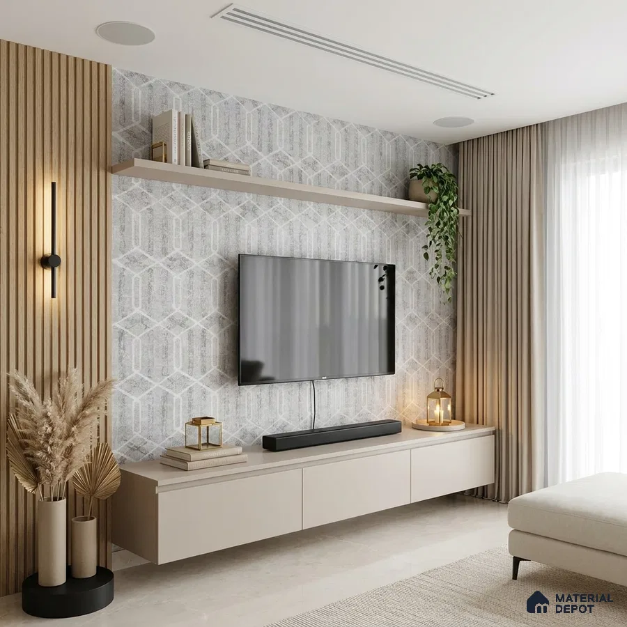 Modern living room with beige floating TV unit, geometric wallpaper, and light wood fluted wall panels