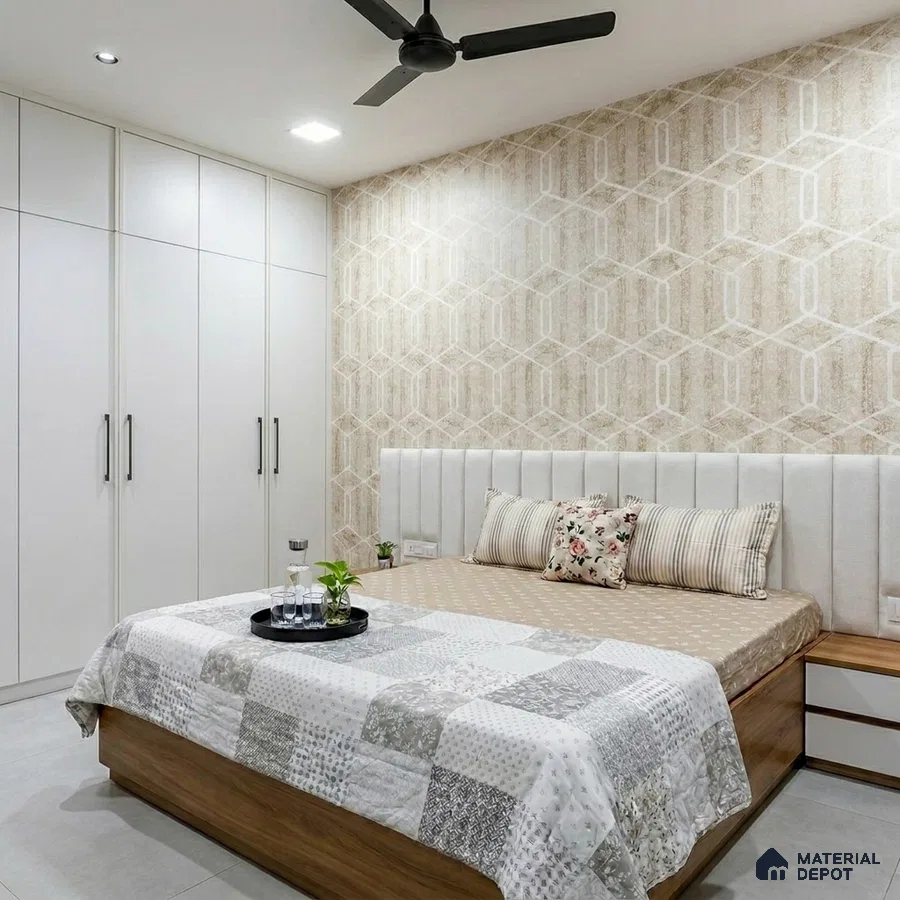 Modern bedroom with geometric beige wallpaper, frosty white laminate wardrobe, and light wood bed base
