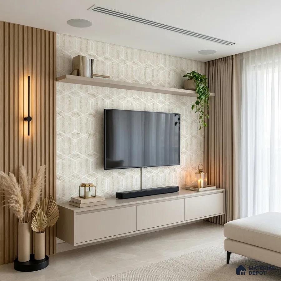 Modern living room with beige geometric wallpaper, light wood fluted panels, and floating TV unit