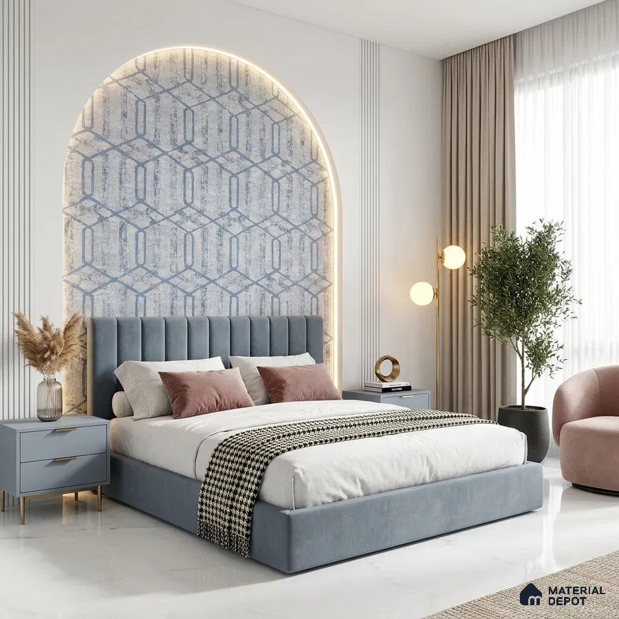 Modern bedroom with blue suede upholstered bed, geometric wallpaper, and marble floor tile