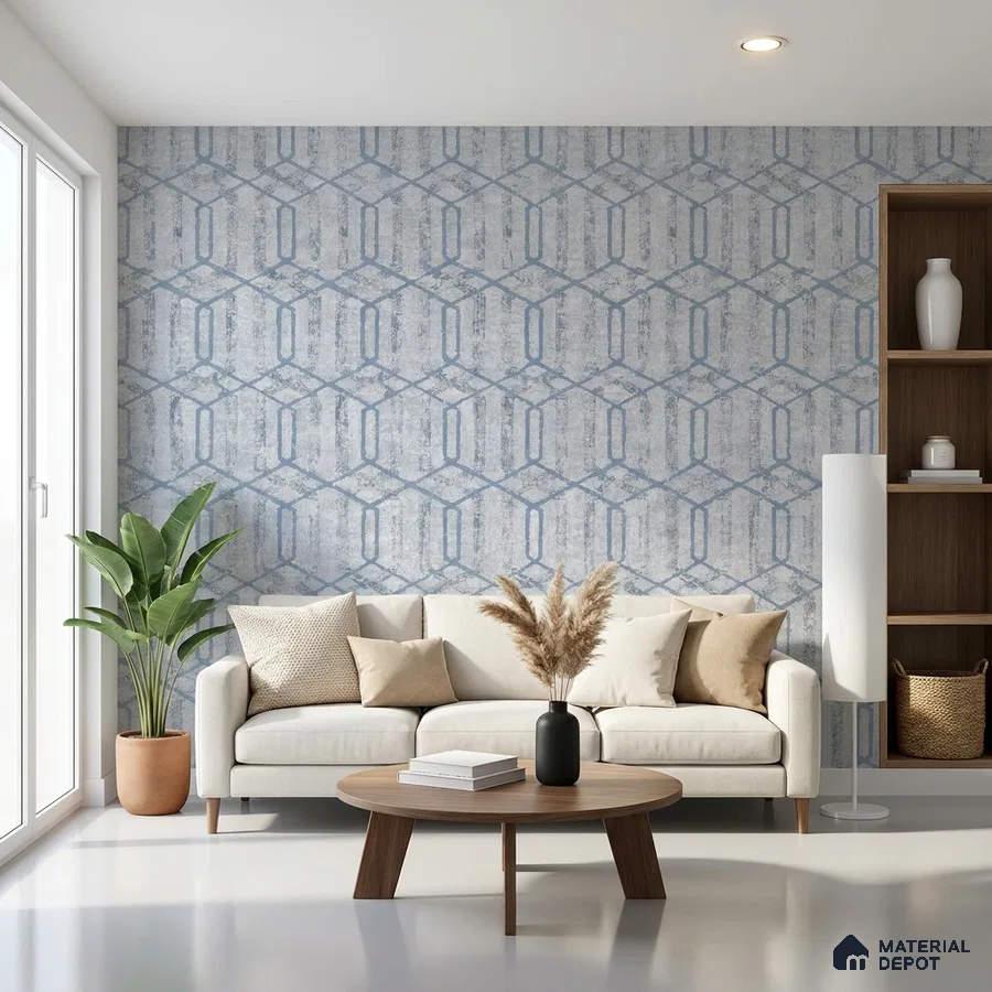 Scandinavian living room with geometric blue wallpaper and light wood coffee table
