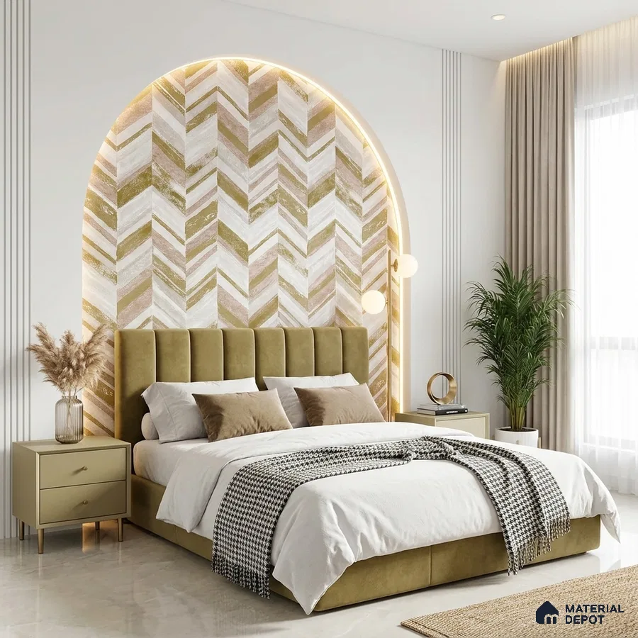 Modern bedroom with olive green suede upholstered bed and chevron patterned accent wall
