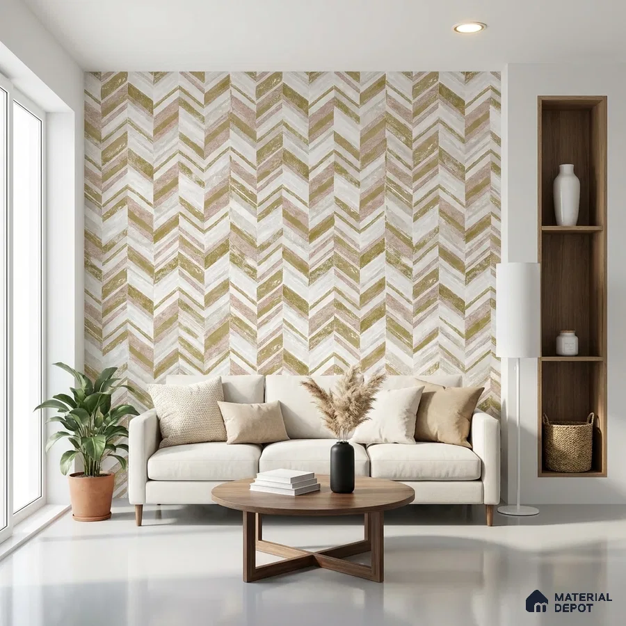 Scandinavian living room with chevron patterned wallpaper and light wood accents