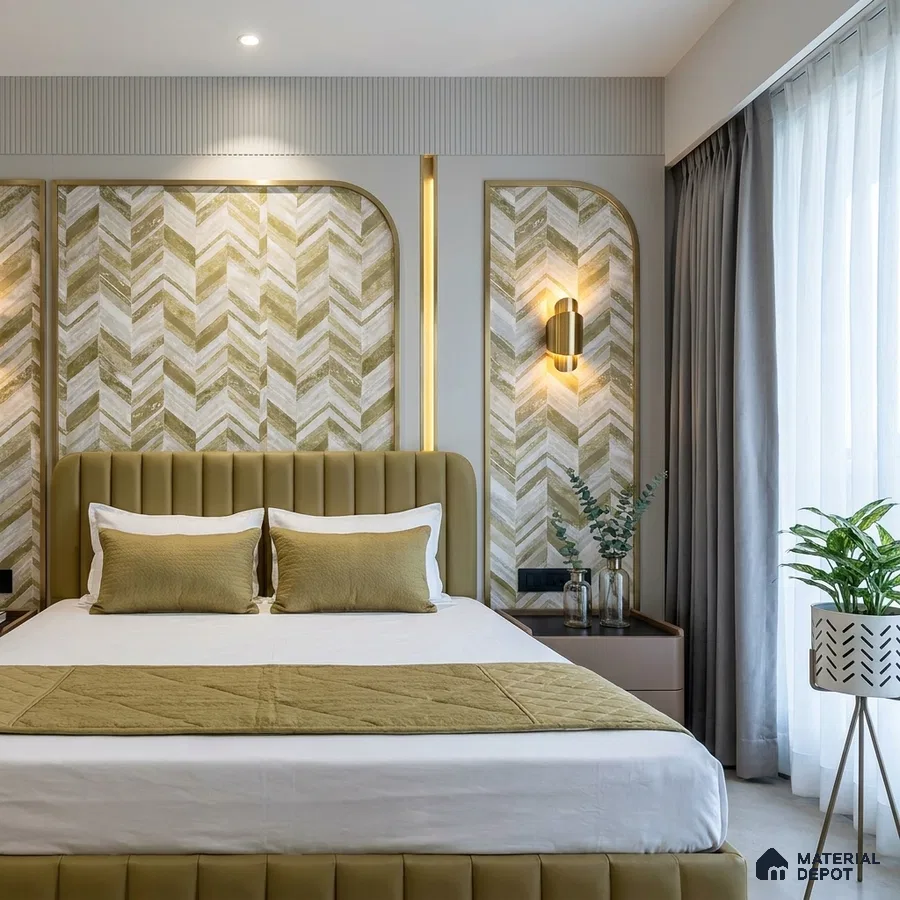 Modern bedroom with olive green suede upholstered bed and chevron patterned wallpaper accent wall