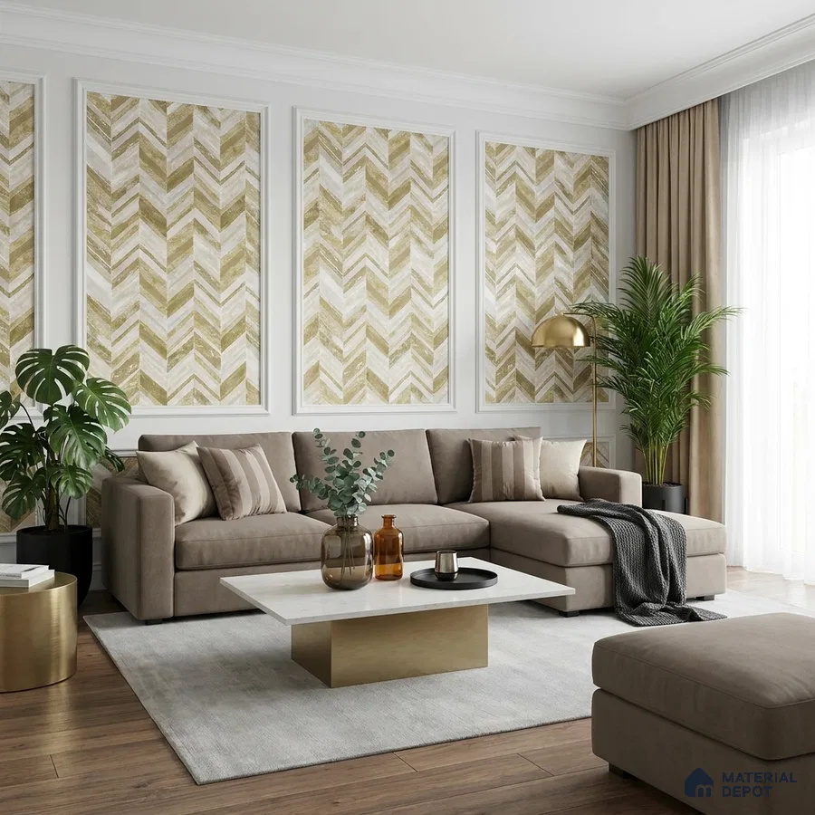 Modern living room with chevron patterned wallpaper, beige sofa, and wood flooring