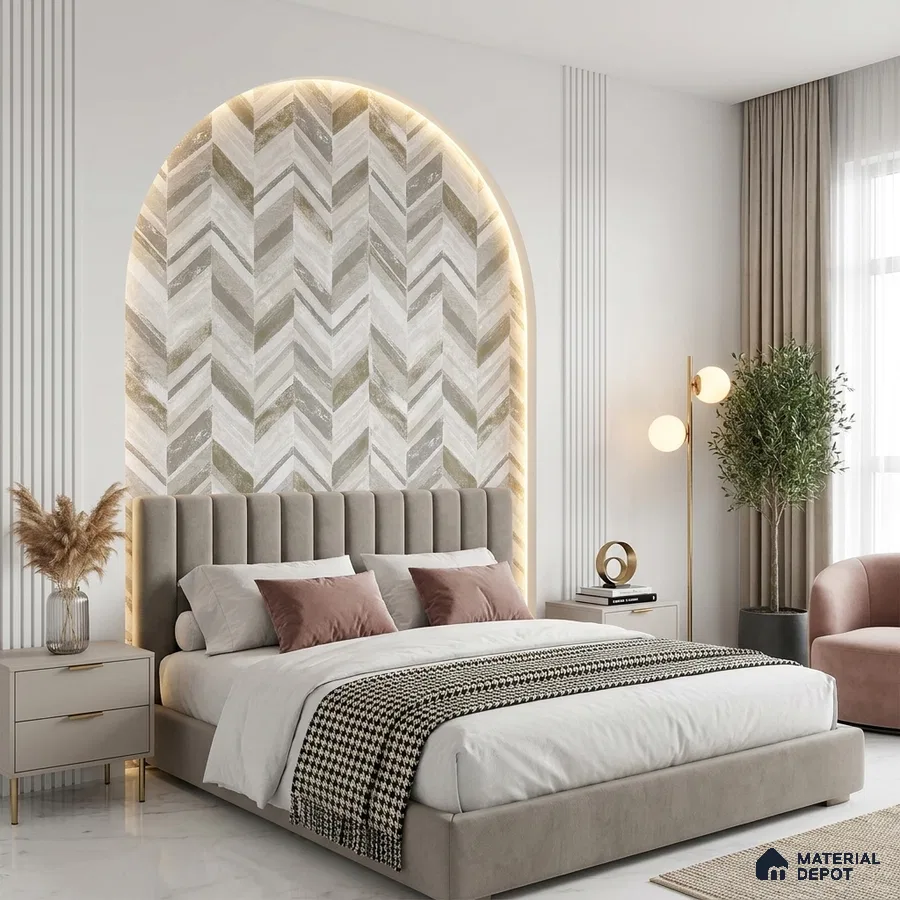 Modern bedroom with chevron marble accent wall and suede upholstered bed