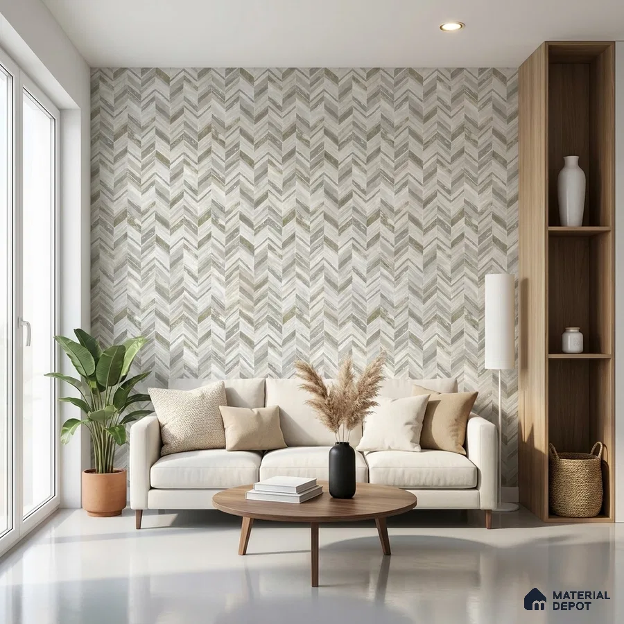 Scandinavian living room with chevron patterned wallpaper and light oak open shelving