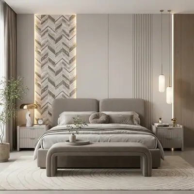 Minimalist bedroom with herringbone stone accent wall and taupe suede upholstered bed