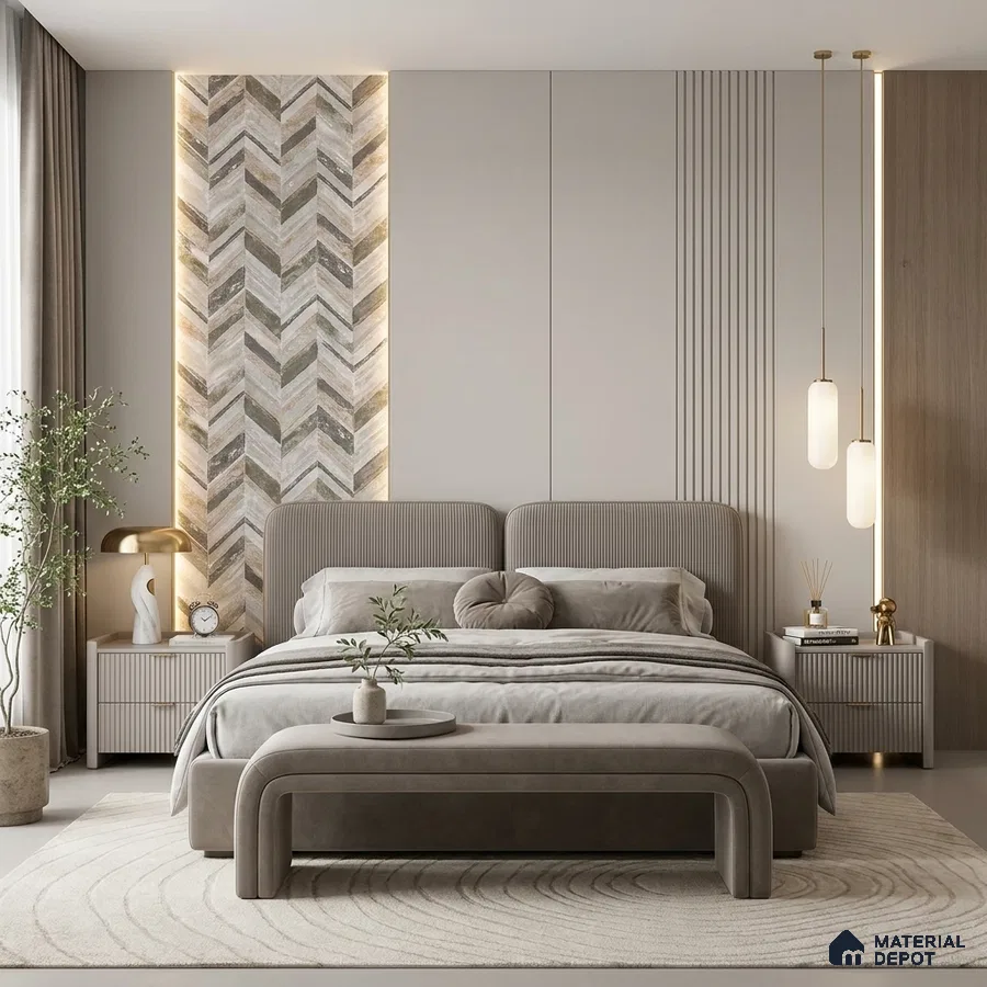 Minimalist bedroom with herringbone stone accent wall and taupe suede upholstered bed