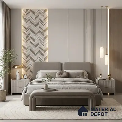 Minimalist bedroom with herringbone stone accent wall and taupe suede upholstered bed