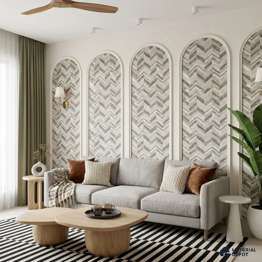 Scandinavian living room with chevron patterned wall panels and light oak coffee tables
