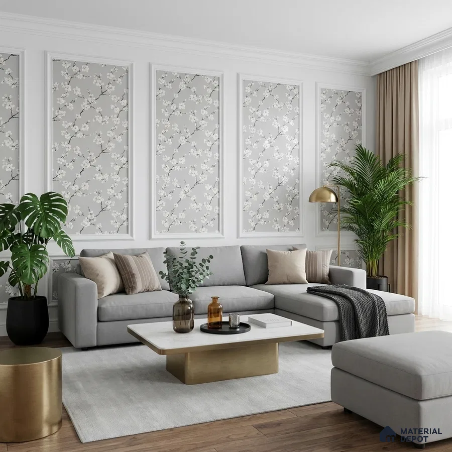 Modern living room with floral wallpaper panels, grey sectional sofa, and brass accent coffee table