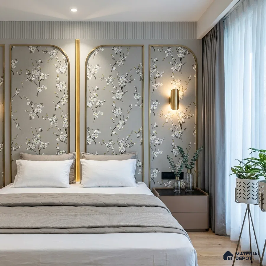 Modern bedroom with floral wallpaper accent wall and light wood flooring