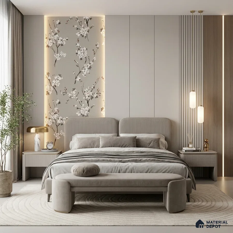Japandi bedroom with chinoiserie floral wallpaper, suede upholstered bed, and neutral wood wall panels