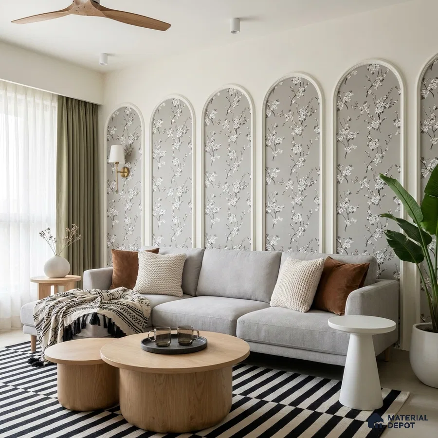 Scandinavian living room with floral wallpaper panels, light wood tables, and striped rug