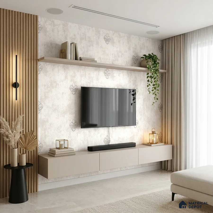 Modern TV unit with beige matte laminate, light wood fluted panels, and patterned wallpaper