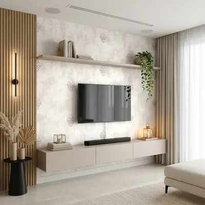 Modern TV unit with beige matte laminate, light wood fluted panels, and patterned wallpaper