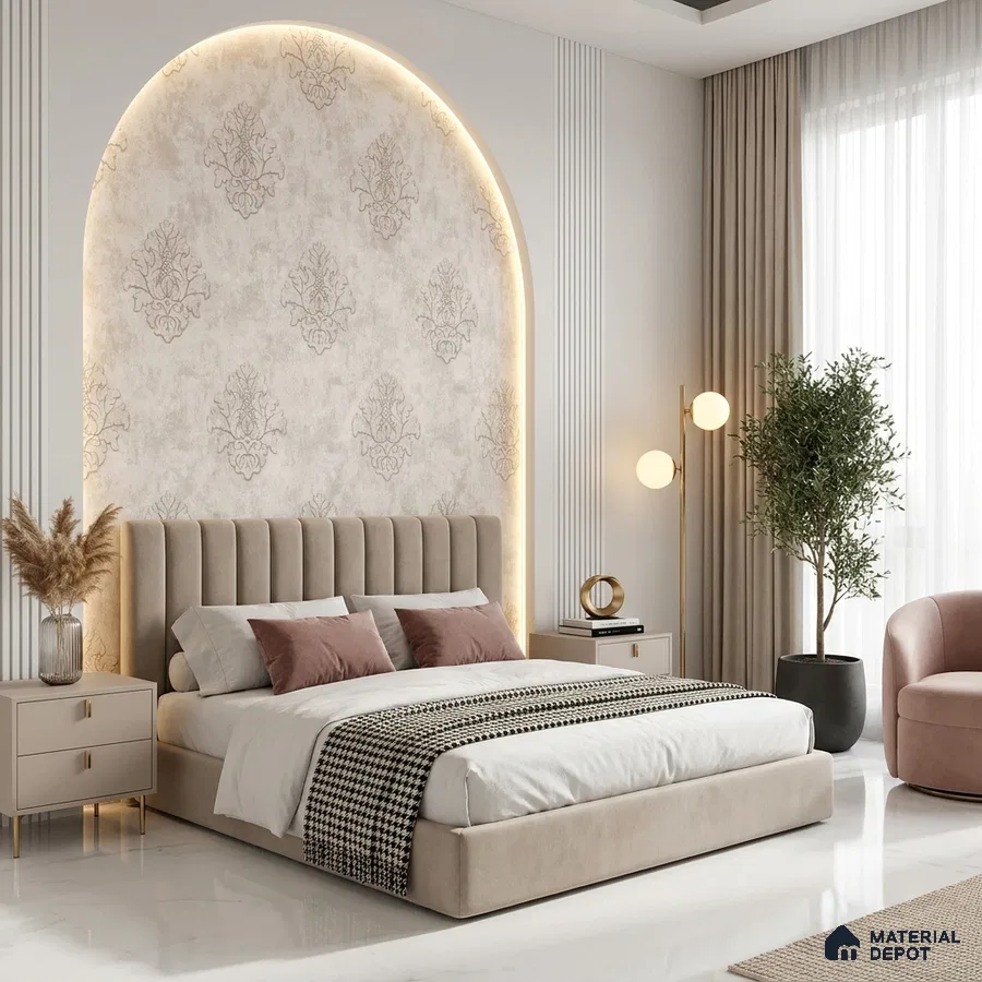 Modern bedroom with suede upholstered bed, beige patterned wallpaper, and marble floor tile