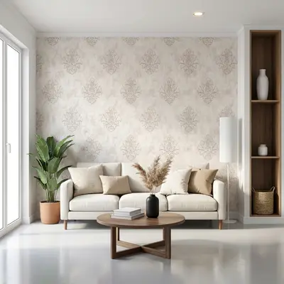 Scandinavian living room with beige damask wallpaper and natural wood accents