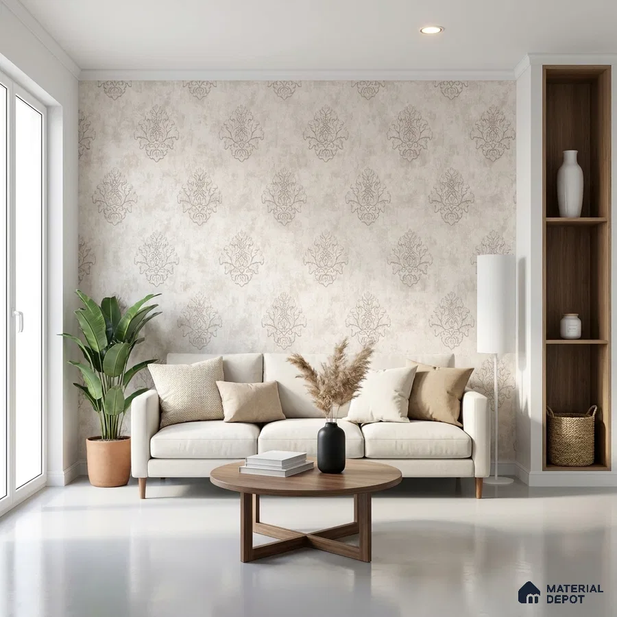 Scandinavian living room with beige damask wallpaper and natural wood accents