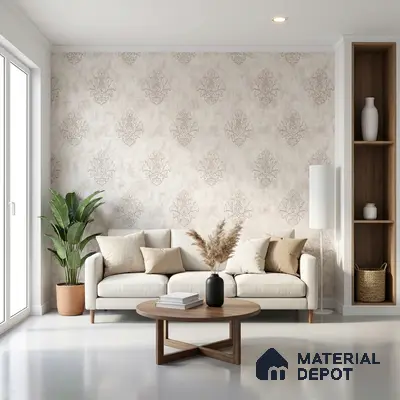 Scandinavian living room with beige damask wallpaper and natural wood accents