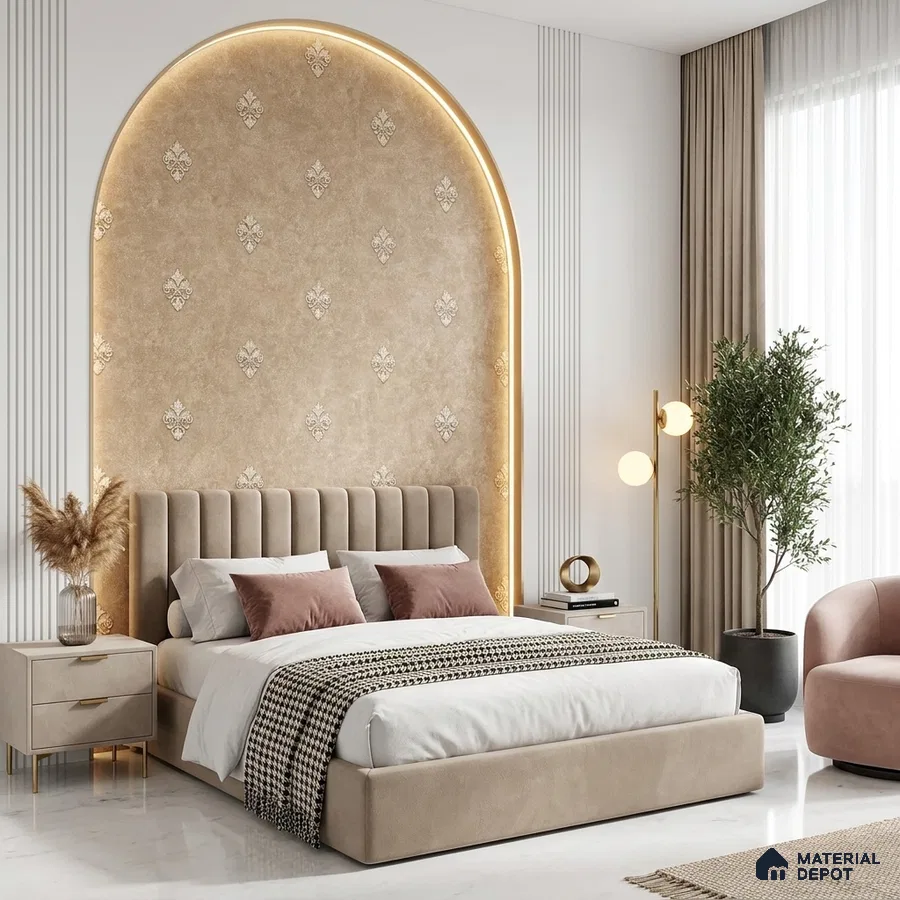Modern bedroom with suede upholstered bed, beige damask wallpaper, and marble floor tile