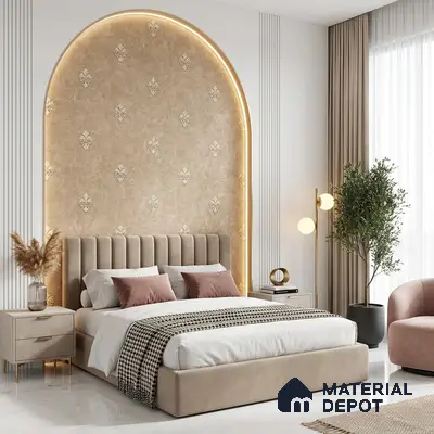Modern bedroom with suede upholstered bed, beige damask wallpaper, and marble floor tile