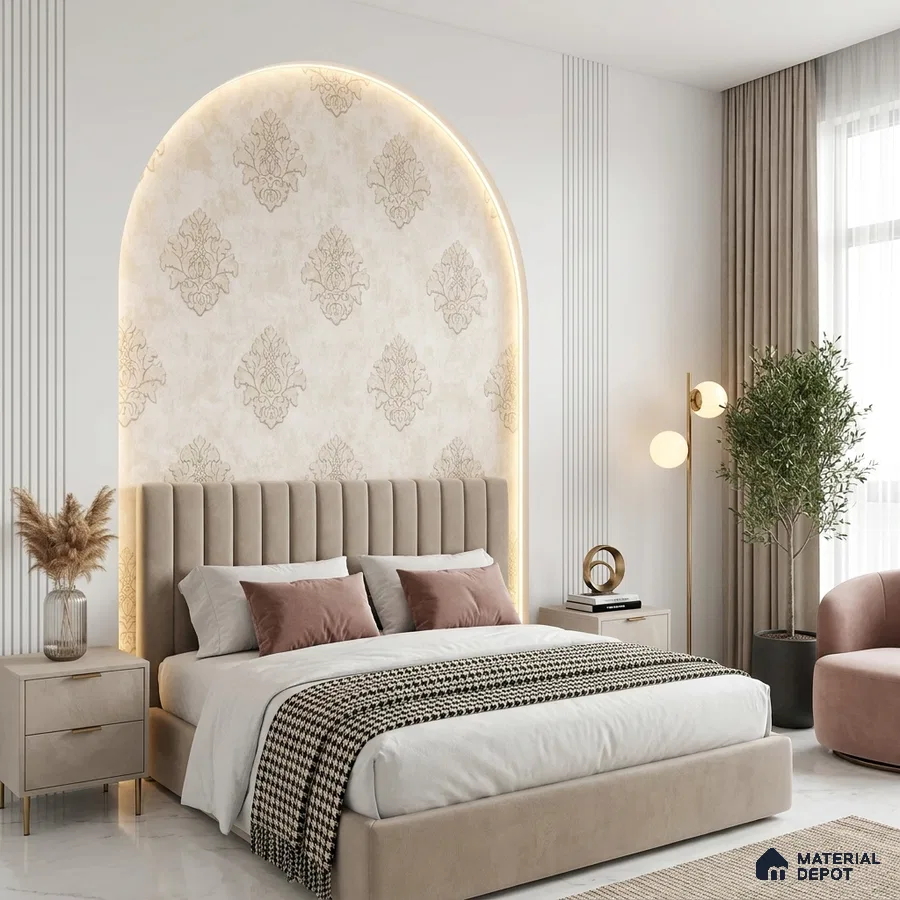 Modern bedroom with beige suede upholstered bed and damask wallpaper accent