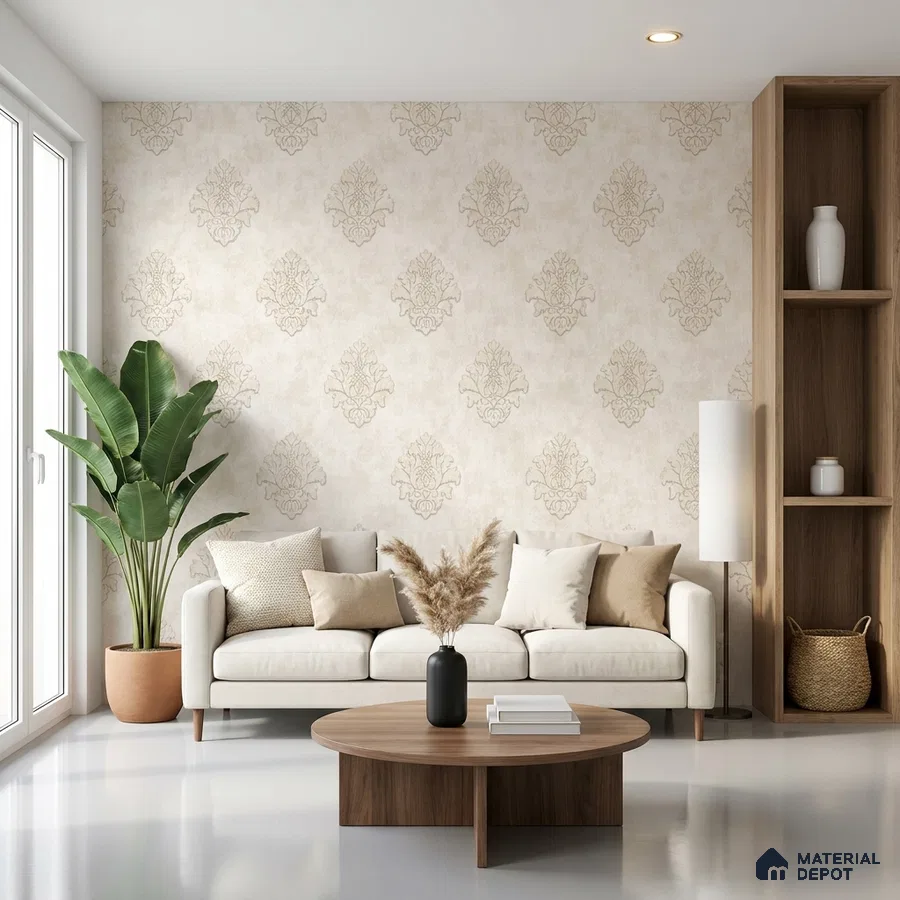 Scandinavian living room with beige damask wallpaper and natural wood laminate shelving