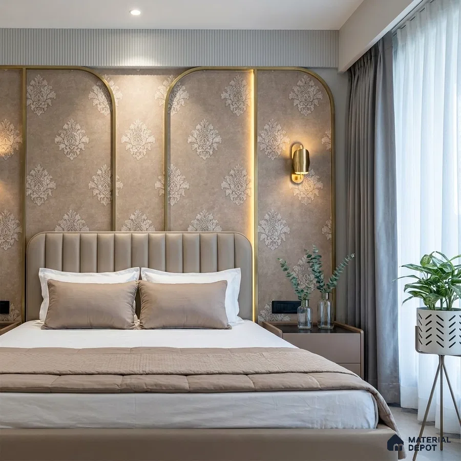 Modern bedroom with beige damask wallpaper, gold accent profiles, and upholstered headboard