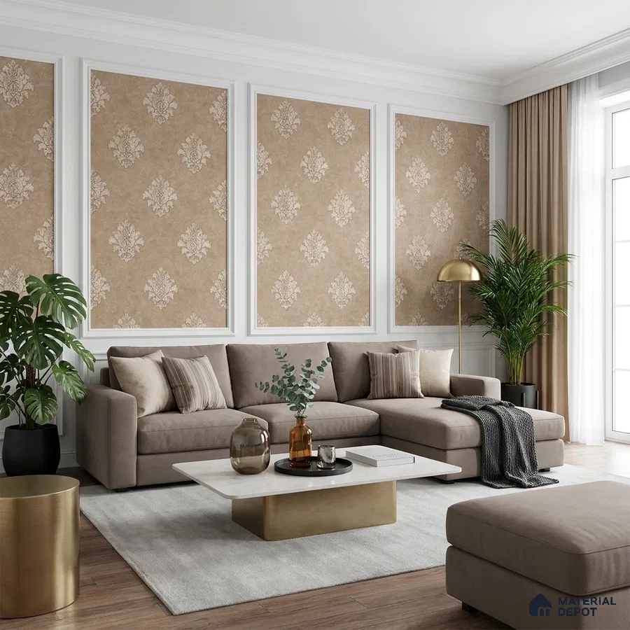 Traditional living room with beige damask wallpaper, taupe sofa, and marble-top coffee table